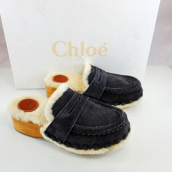 NWT$850 CHLOE Joy Black Suede Shearling Fur Slip-on Clogs Slides Shoes Sz 35 (5) - Picture 3 of 16